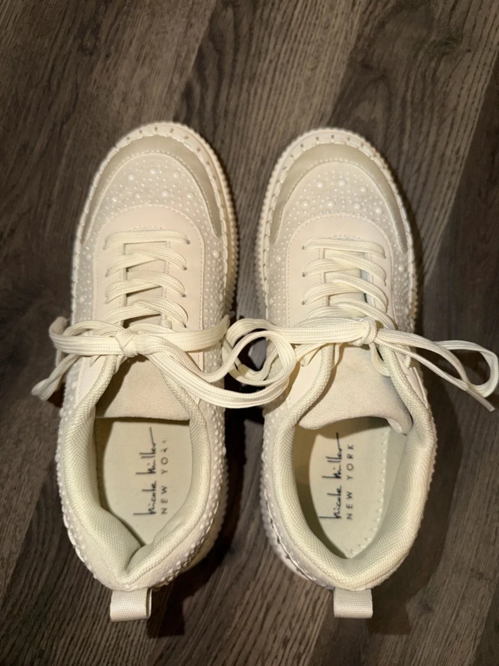 Nicole Miller Cream Beaded Platform Sneakers